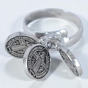 Sterling Silver St Benedict Medal Ring Three Charm Dangle Catholic Religious